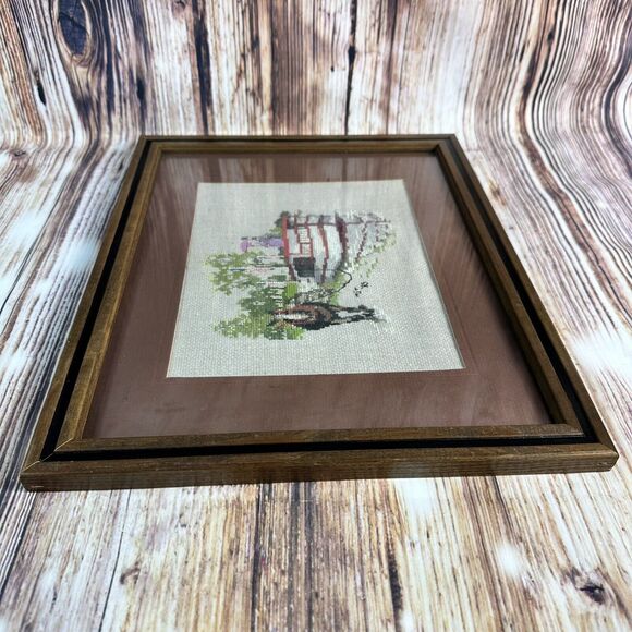Vintage Cross Stitch Horse Ferry Boat Trees Water Complete Framed Finished 15x12 - Picture 5 of 11
